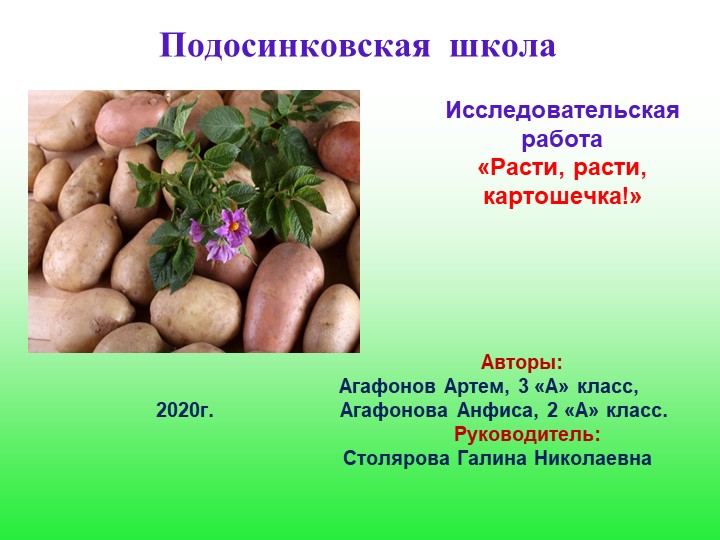 Презентация МОУ Подосинковская сош Агафоновы Расти, расти, картошечка!.ppt - Скачать презентации бесплатно | Читать или скачать учебники для школы онлайн бесплатно ☑ Школьные учебники school-textbook.com