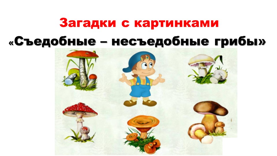 Загадки с картинками "СЪДОБНЫЕ - НЕСЪЕДОБНЫЕ ГРИБЫ" - Скачать презентации бесплатно | Читать или скачать учебники для школы онлайн бесплатно ☑ Школьные учебники school-textbook.com